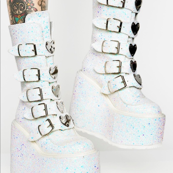 Demonia White Sparkle Platform Boots 